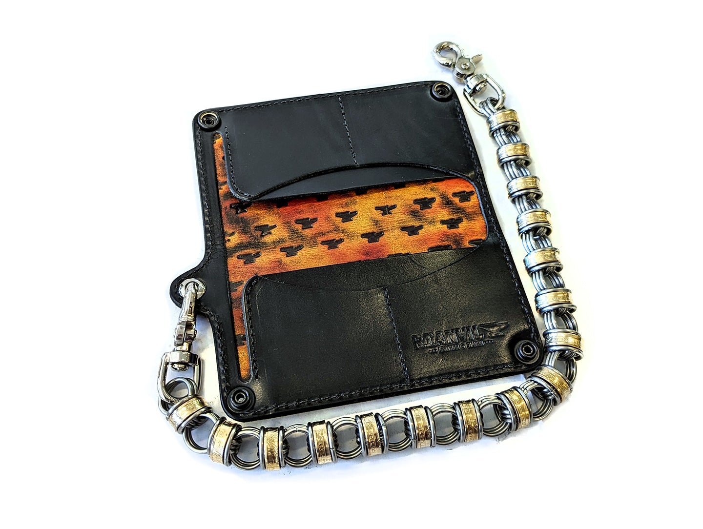Long Biker Leather Chain Wallet - Inferno Anvils on Exterior